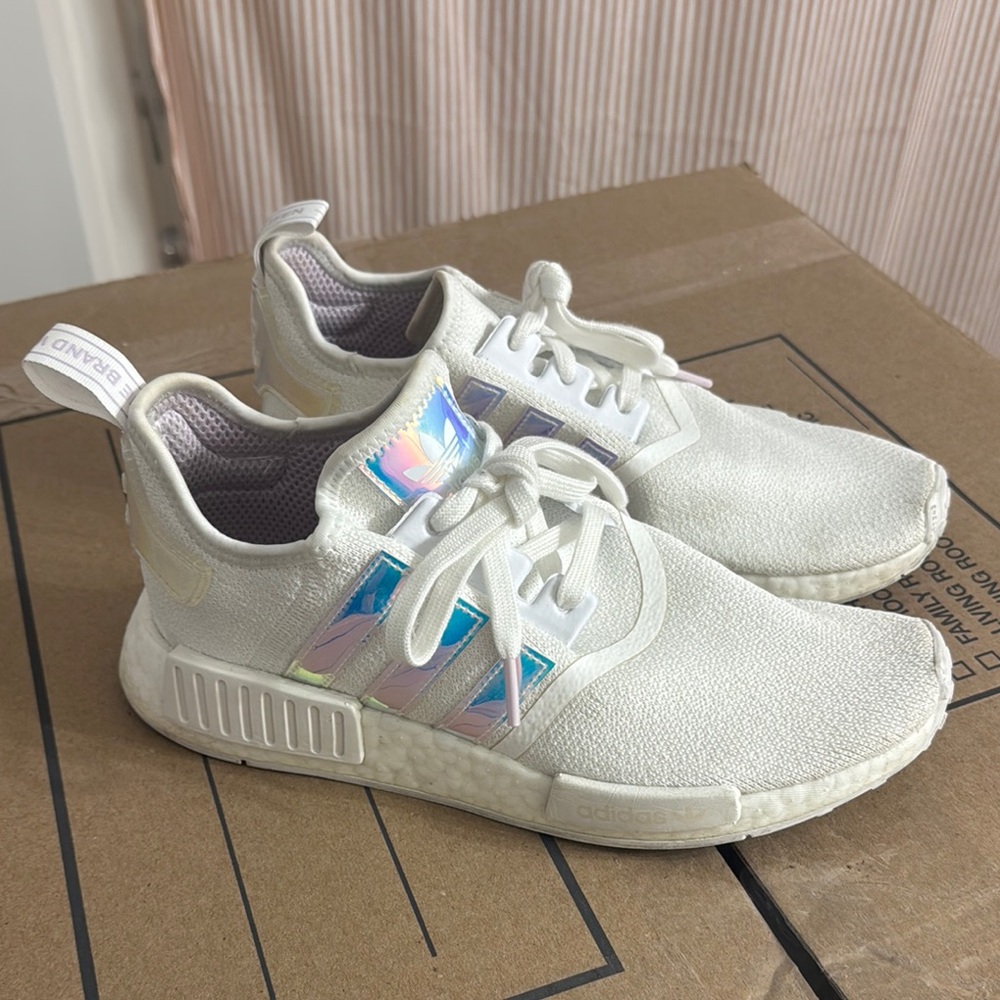 Adidas NMD R1 White Iridescent Boost Sneakers Women's Athletic Shoes Size 9.5